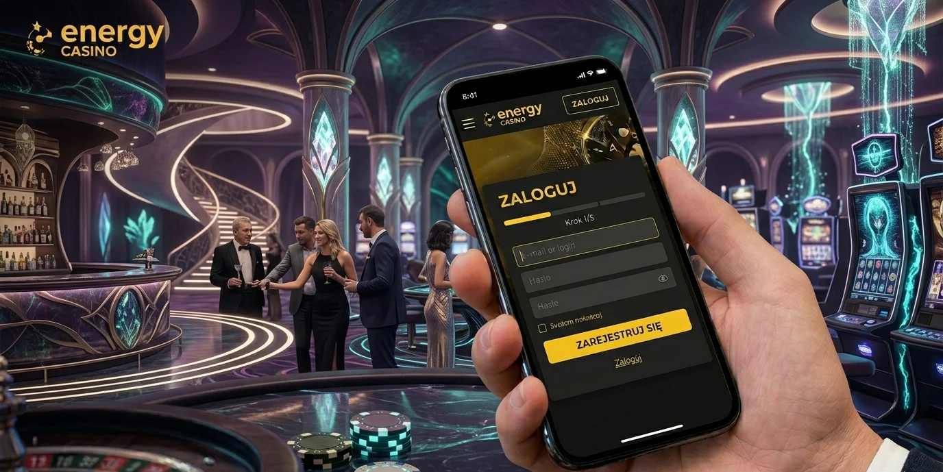 Mobilny ekran logowania Energy Casino z lobby kasyna w tle